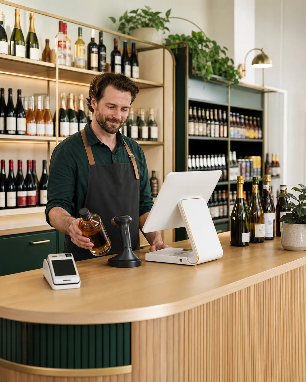 Liquor store associate scanning a Scotch whisky bottle at a modern point of sale