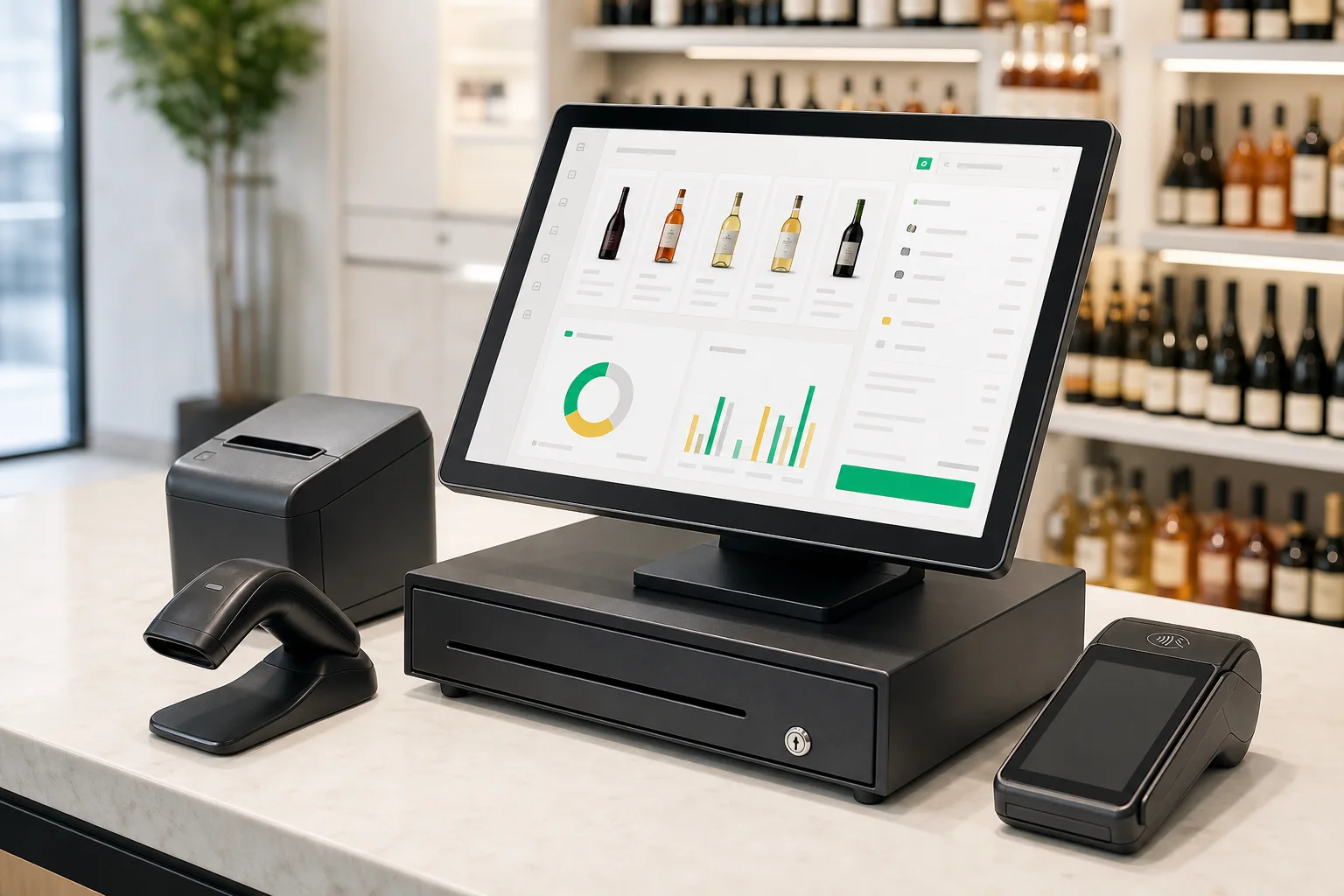 Modern liquor store POS workstation with touchscreen, scanner, receipt printer, and card reader