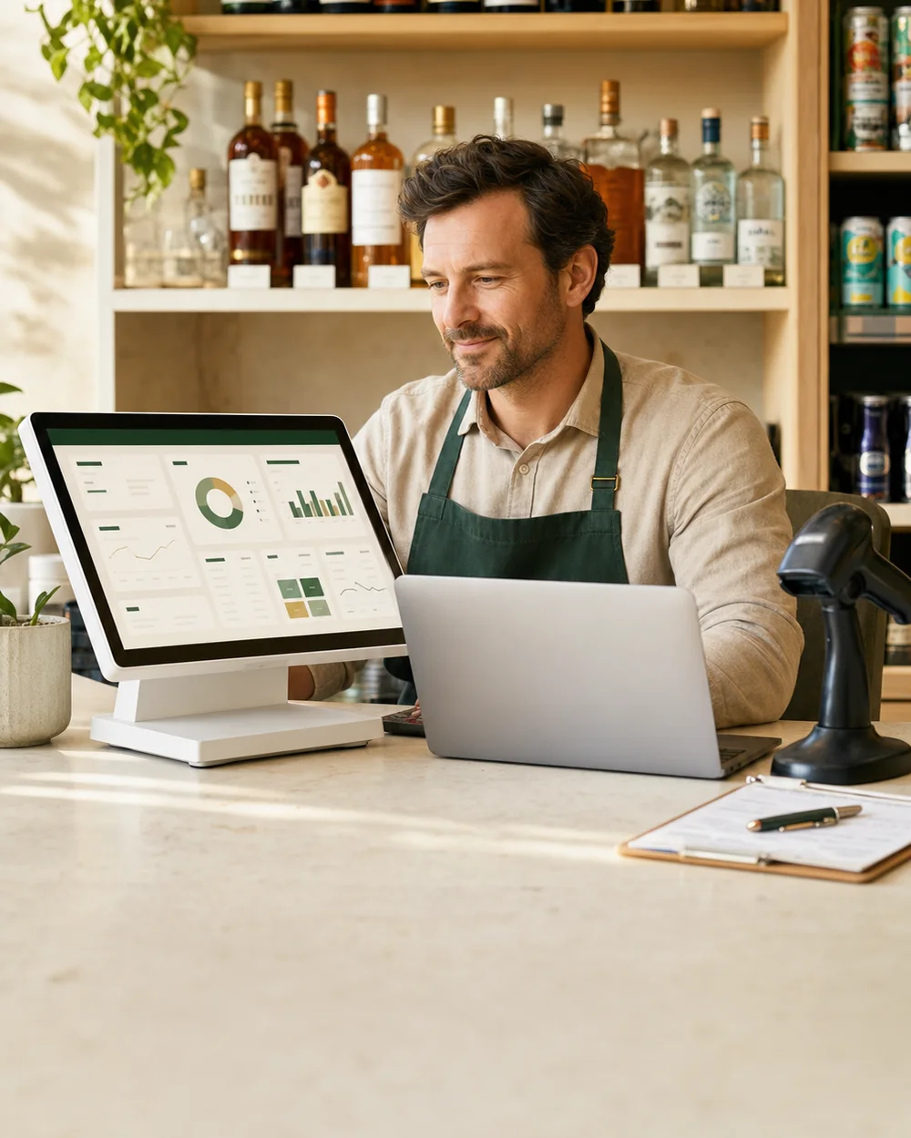Liquor store owner reviewing inventory, ordering, and store activity at a modern workspace