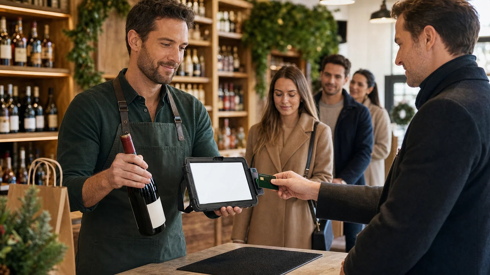 Adult liquor-store associate using an illustrative portable POS during a busy checkout