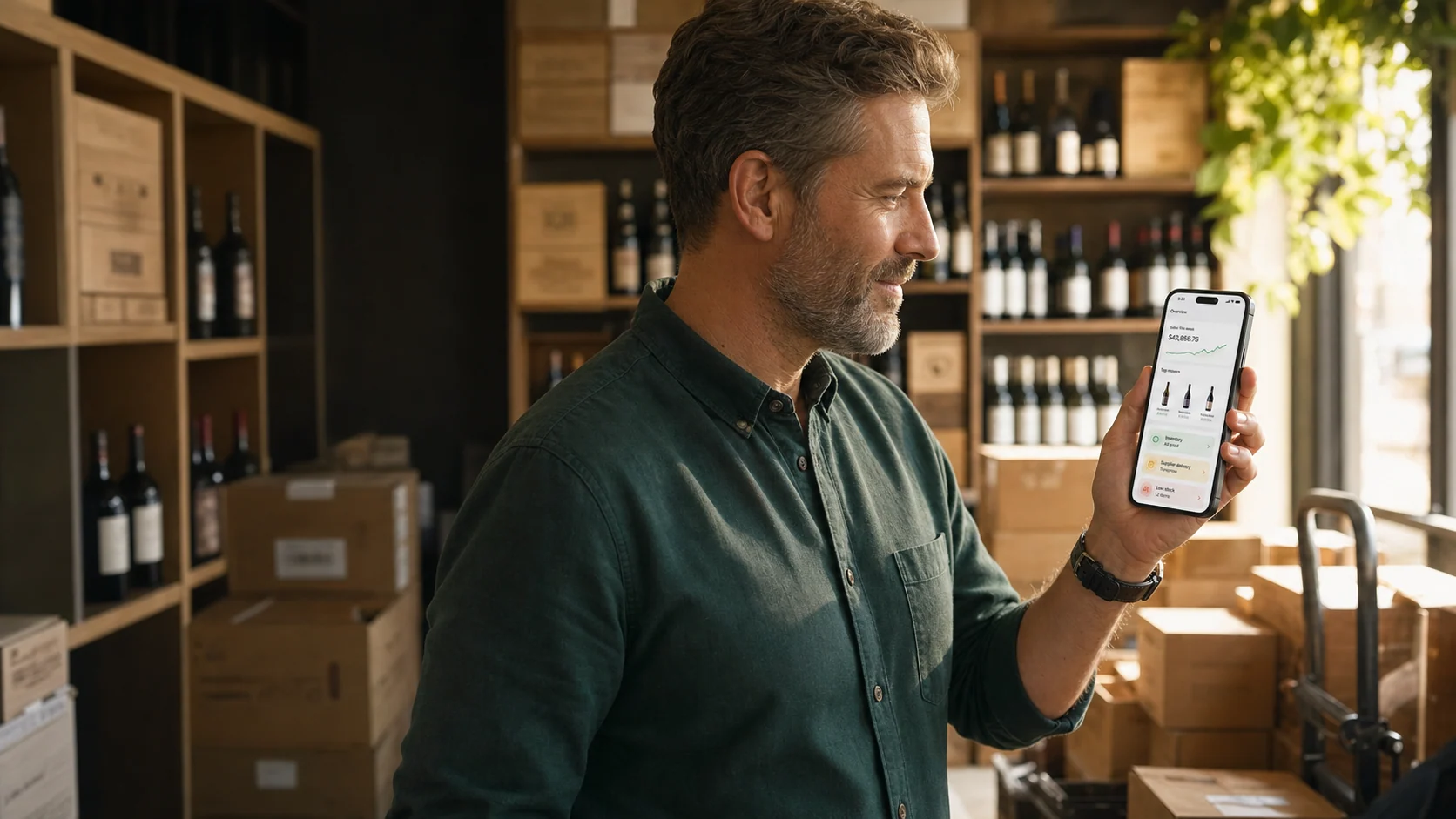 Adult store owner viewing an illustrative mobile retail dashboard in a wine stockroom